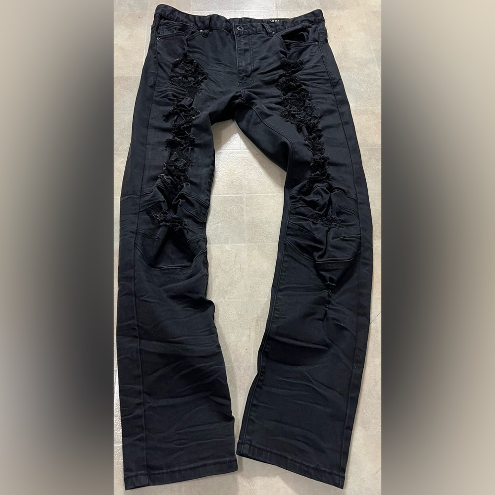 Smoke Rise Jeans Mens 36x32 Black Slim Straight Distressed Black Denim